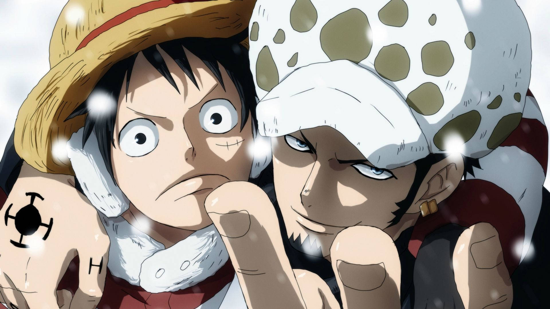 Luffy 桌布 壁紙 — 兩個穿著冬季裝備的動漫角色，帶著強烈的表情和發光的雪花，分享一個雪景時刻。