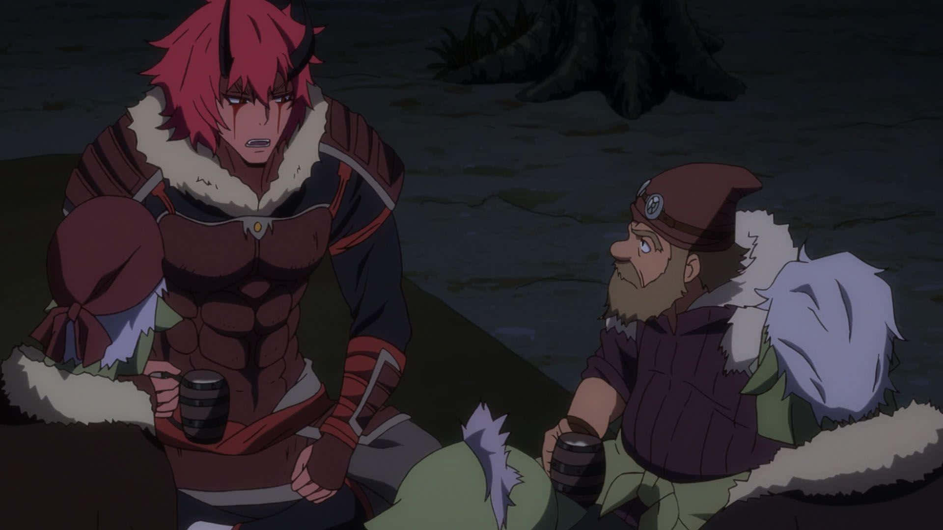 That Time I Got Reincarnated As A Slime 桌布 壁紙 — 兩個穿著冬季裝備的動漫角色在夜晚坐在黑暗的河邊，手持杯子。