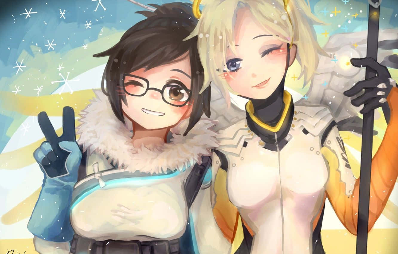 Overwatch Mei 桌布 壁紙 — 兩個穿著冬季裝備的動漫角色在雪花飄揚、星光閃爍的天空下溫暖微笑。