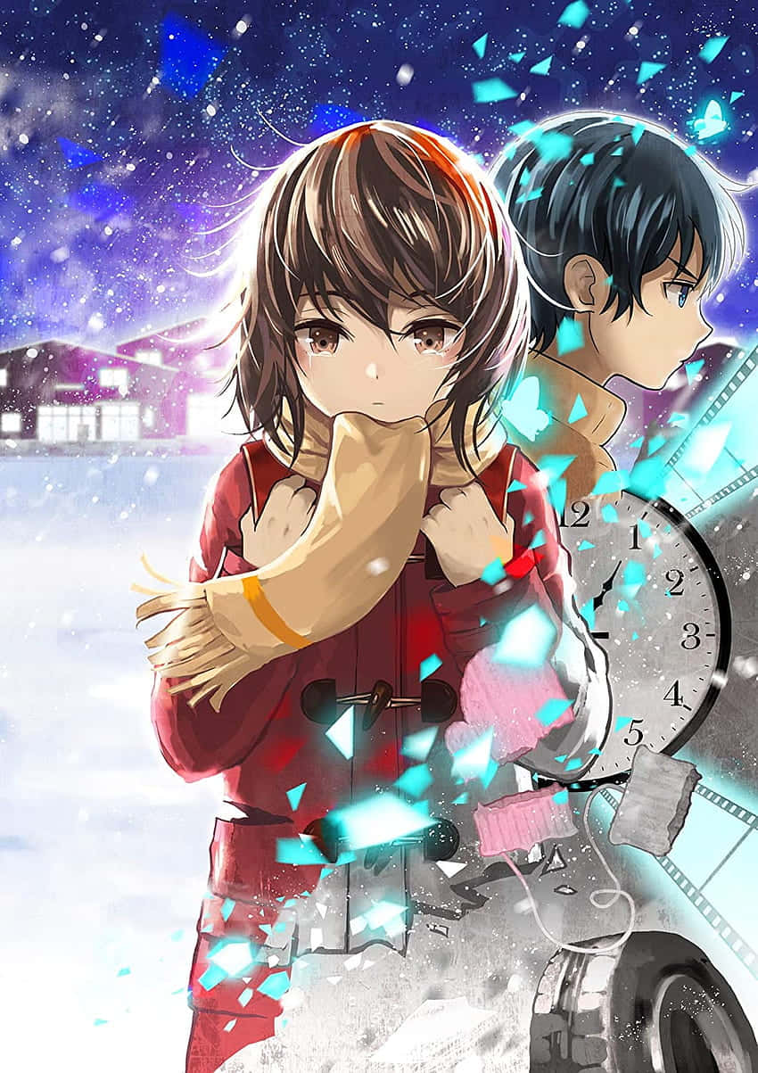 Erased 桌布 壁紙 — 兩個穿著冬季裝備的動漫青少年站在破碎的時鐘碎片中，背景是繁星點點的夜空和飄落的雪花。