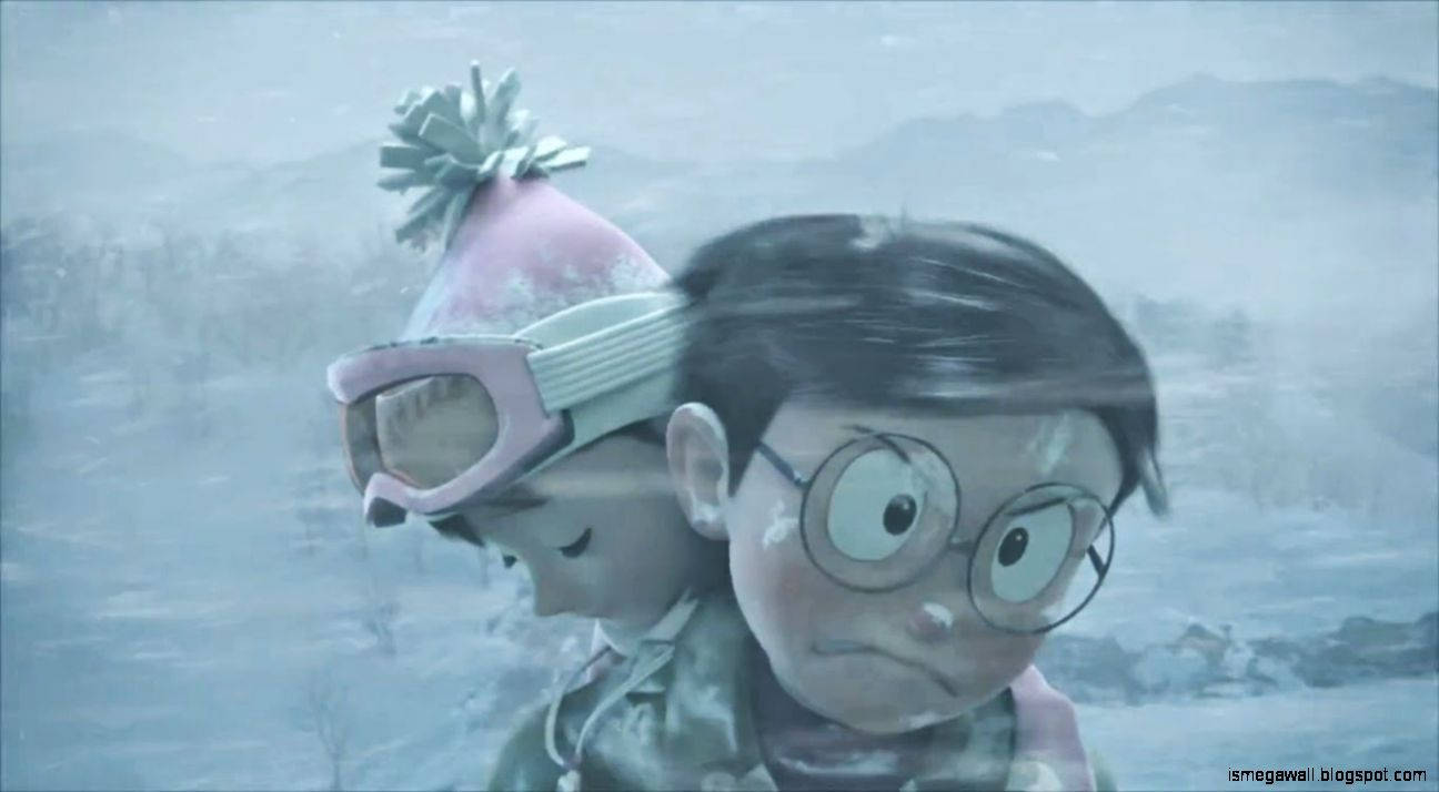 nobita shizuka love 桌布 壁紙 — 兩個穿著冬季裝備的孩子站在雪景中，遠處有山脈，天空灰濛濛。