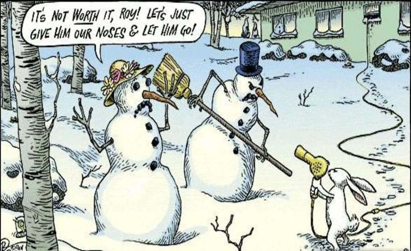  壁紙 — 兩個穿著冬季裝備的雪人在雪地裡與一隻拿著水管的兔子爭論。