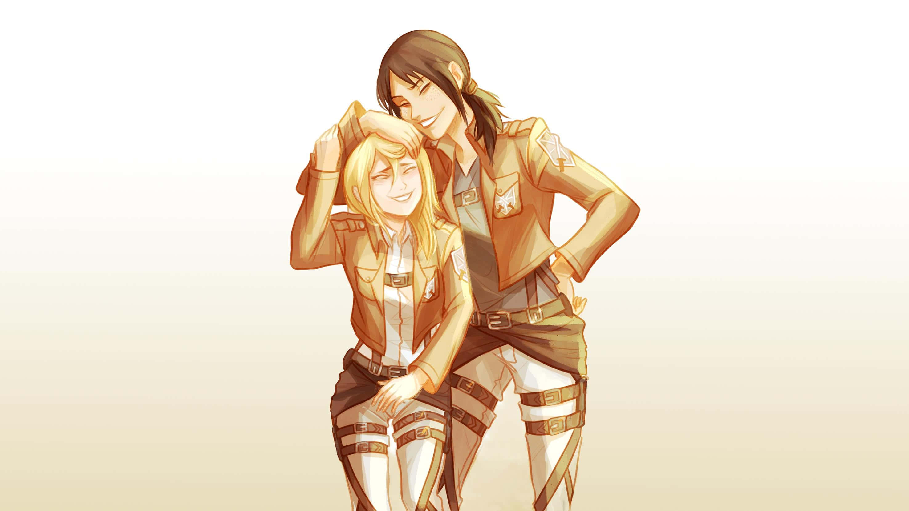 Ymir 桌布 壁紙 — 兩個穿著制服的動漫角色在柔和漸變背景中溫暖擁抱。