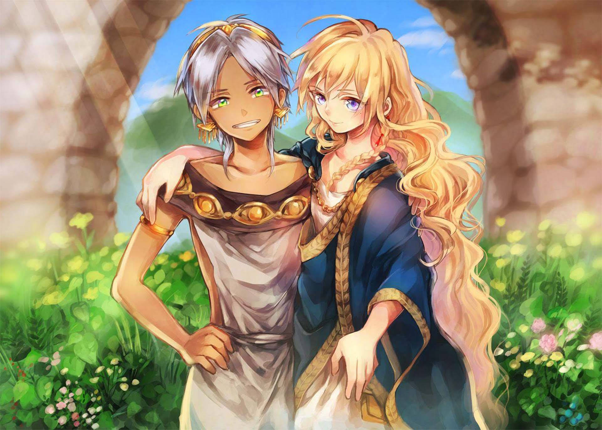 magi the kingdom of magic 桌布 壁紙 — 兩個穿著古代服飾的動漫角色在石拱門下緊密地站在一起，周圍盛開著鮮花。