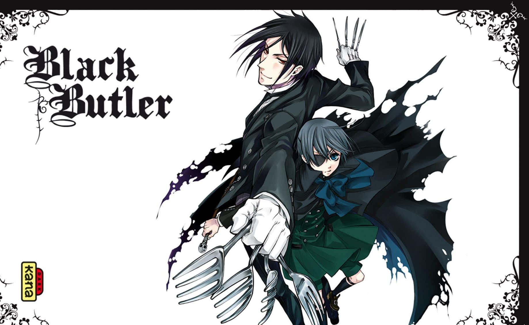 Black Butler 桌布 壁紙 — 兩個穿著哥德式服裝的動漫角色，手持大叉子和爪子，在白色背景上戲劇性地擺姿勢，帶有華麗的黑色邊框。
