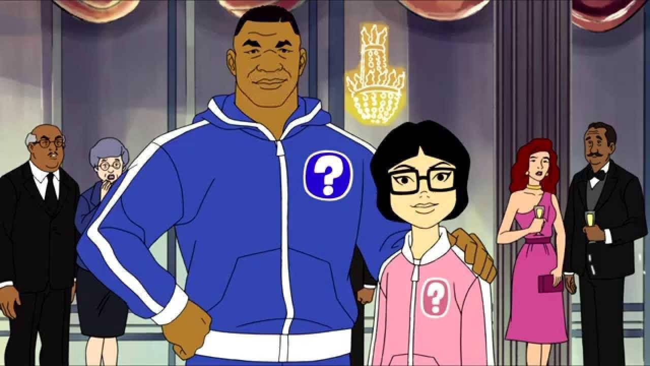 Animated 桌布 壁紙 — 兩個穿著問號連帽衫的動畫角色自信地站在一個有吊燈和賓客的華麗派對上。