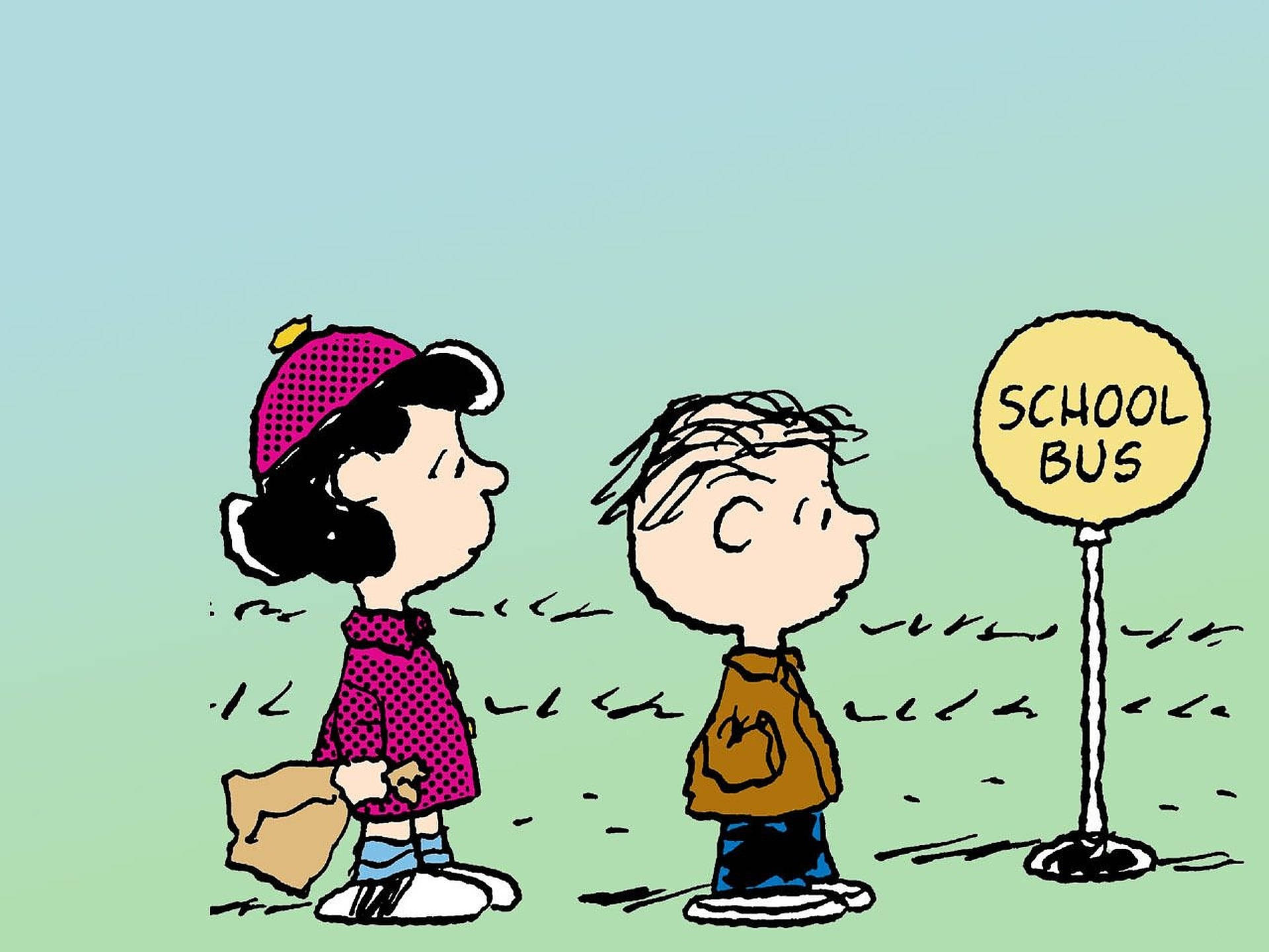 lucy 桌布 壁紙 — 兩個穿著圓點服裝的卡通兒童站在草地上的一個黃色校車停車標誌旁邊。
