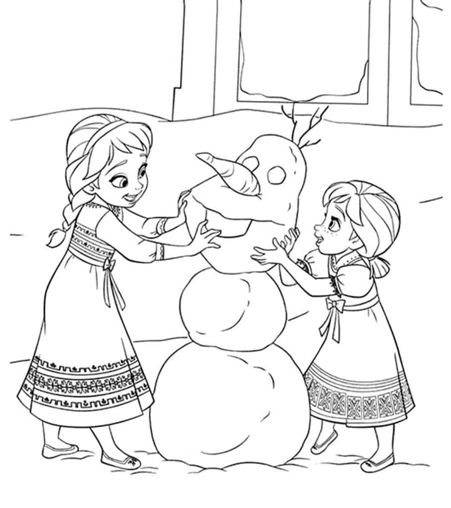 冰雪奇緣 桌布 壁紙 — 兩個穿著圖案裙的女孩在雪地戶外場景中一起堆雪人。