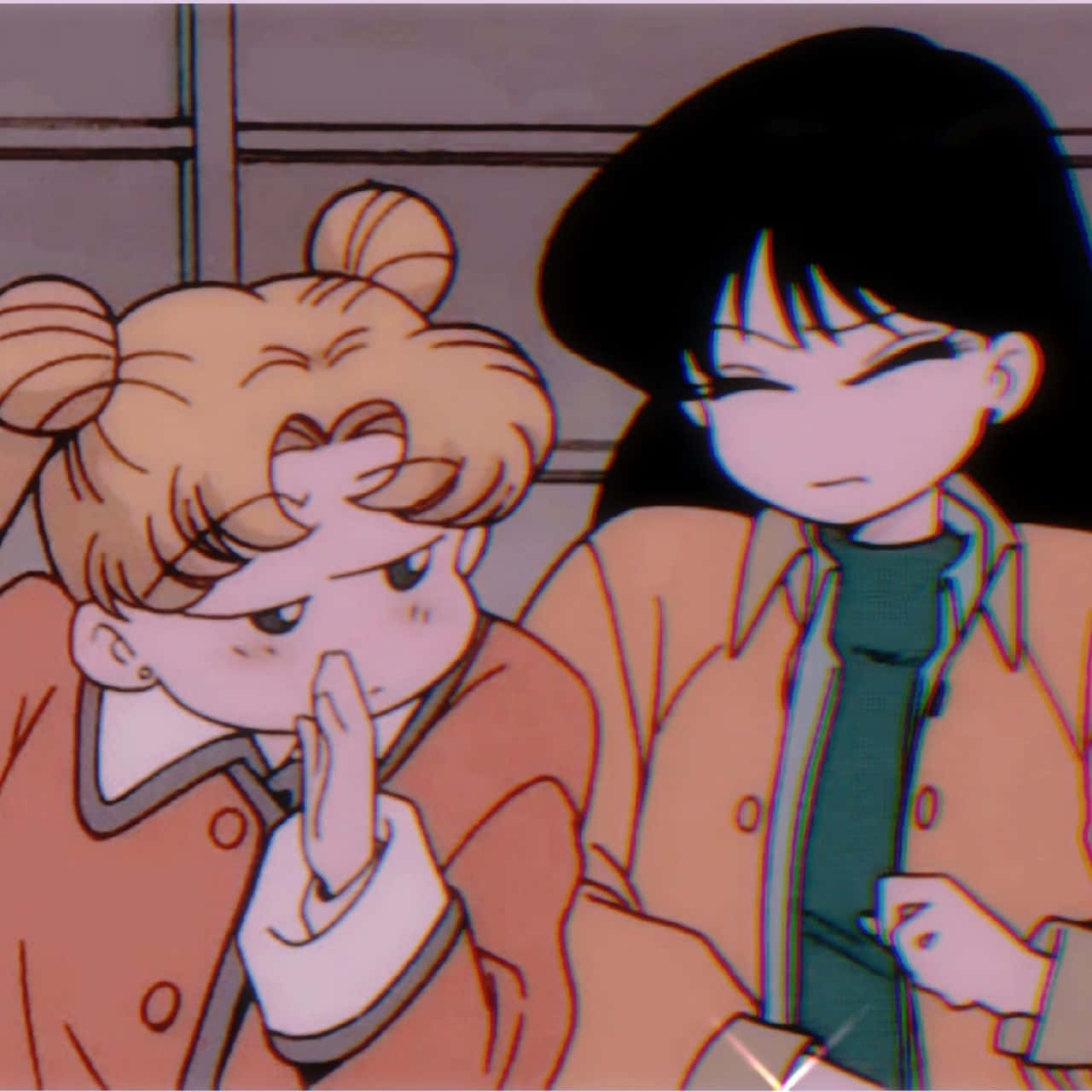 Aesthetic Anime Pfp 桌布 壁紙 — 兩個穿著外套的動畫女孩共享一個安靜的時刻，一個捂著嘴，另一個低著頭，表情柔和。