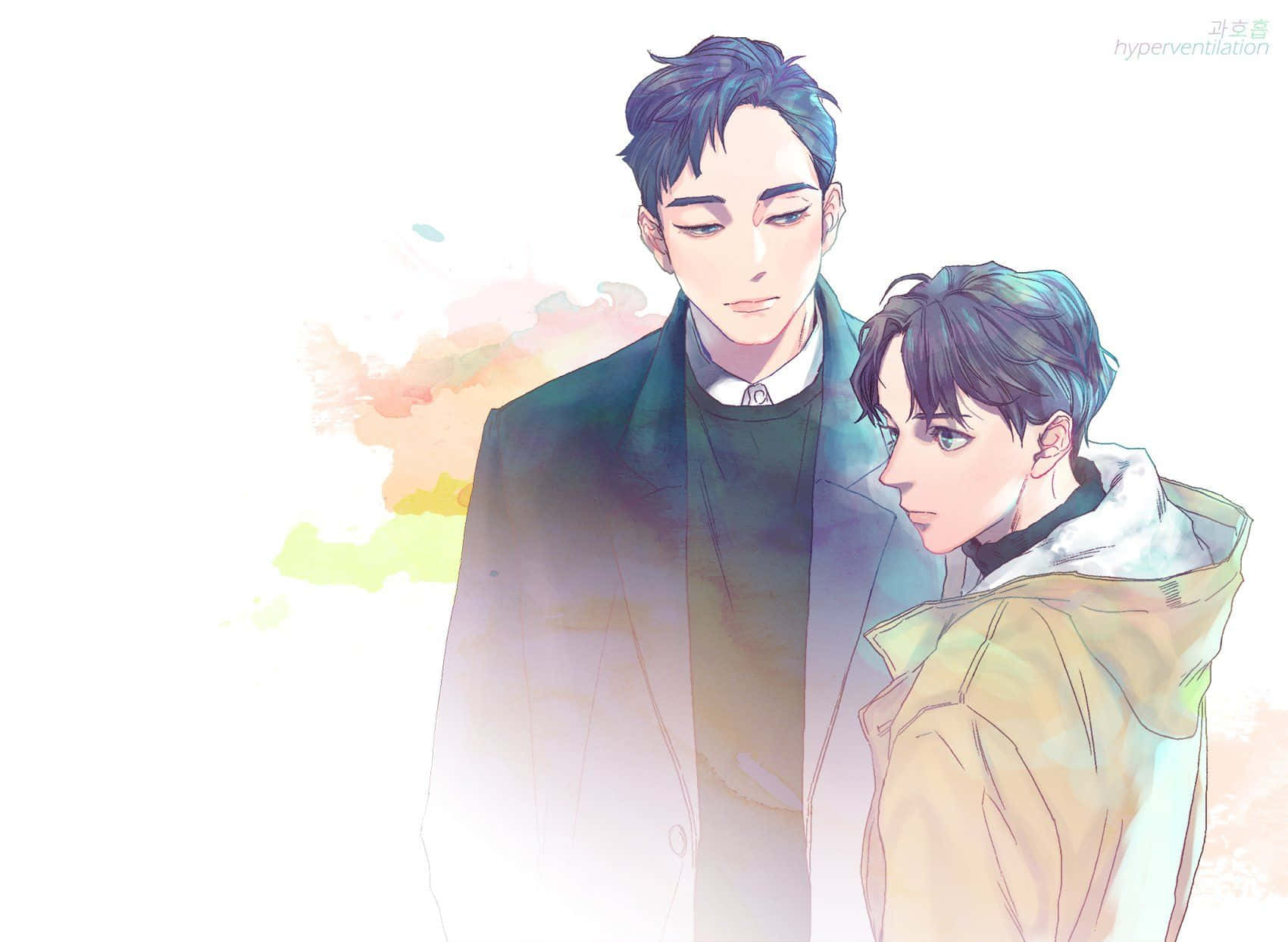 Gay Anime 桌布 壁紙 — 兩個穿著外套的年輕男子靠近站立，背景是柔和的水彩蜜桃色和藍綠色。