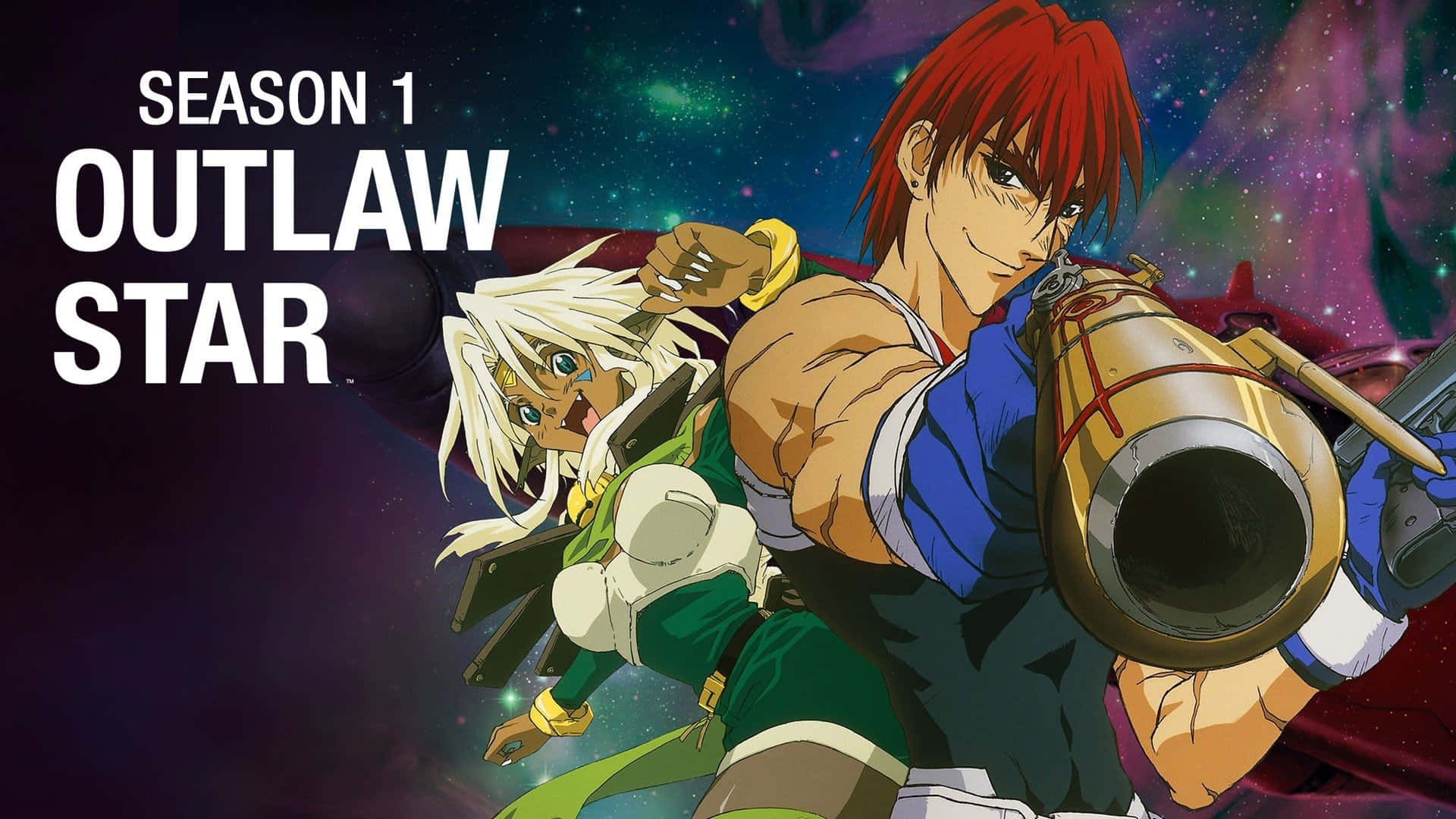 Outlaw Star 桌布 壁紙 — 兩個穿著太空裝備的動漫角色在充滿活力的宇宙背景下，以發光的星雲為襯托，英勇地擺出姿勢。
