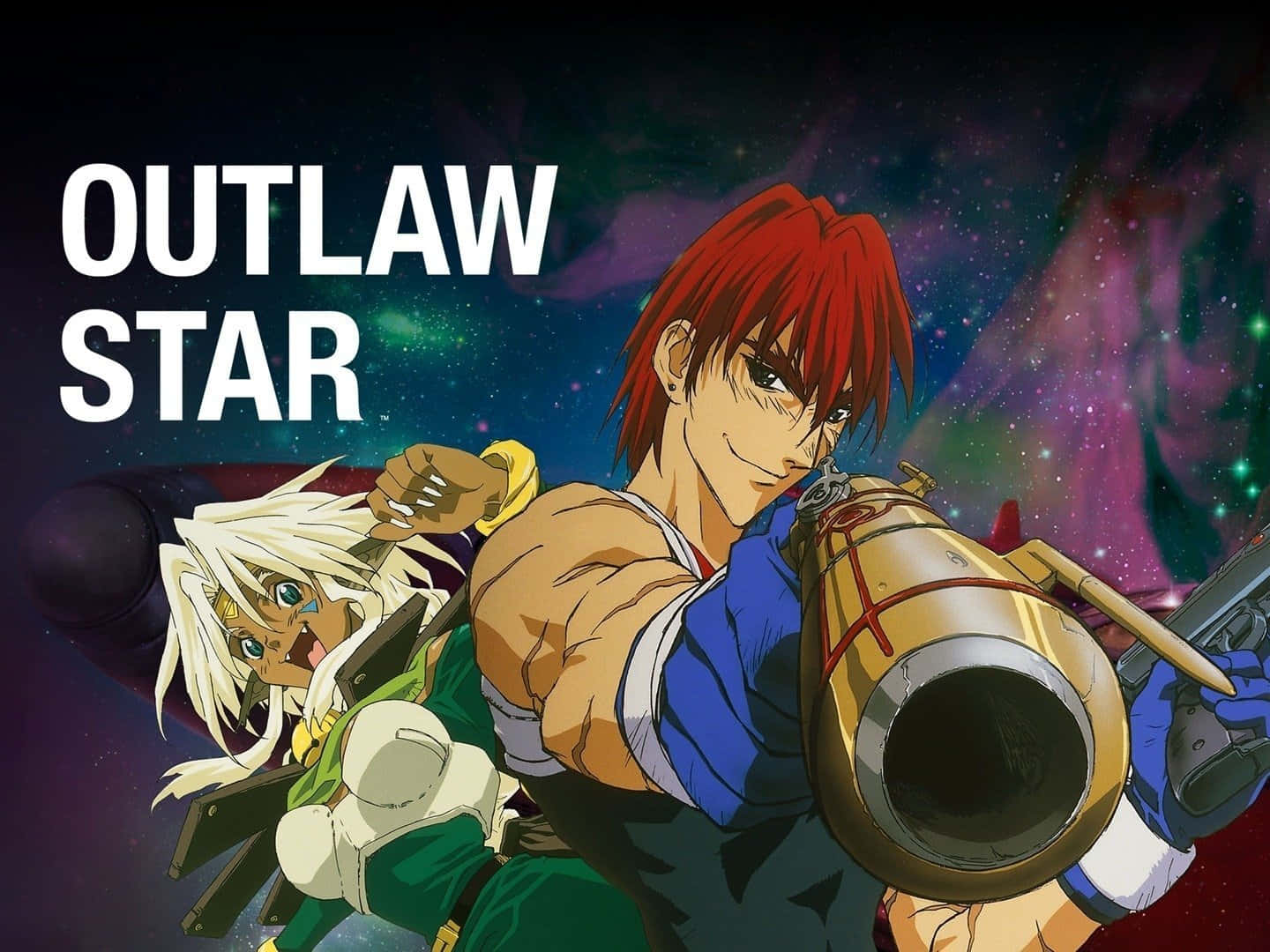 Outlaw Star 桌布 壁紙 — 兩個穿著太空裝備的動漫角色在充滿活力的宇宙星雲背景下英勇地擺姿勢。