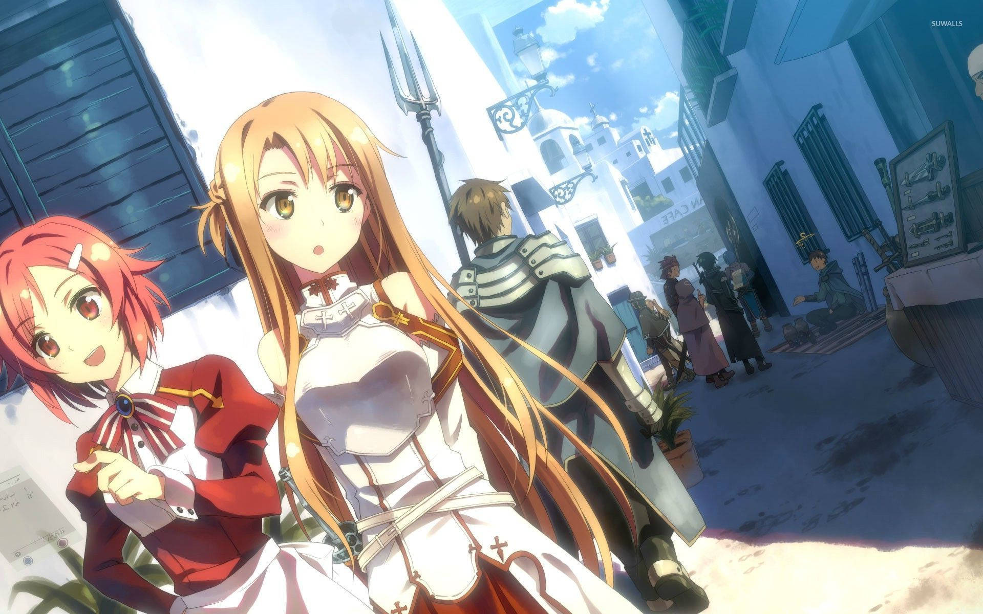 Kirito 桌布 壁紙 — 兩個穿著奇幻服裝的動漫女孩站在一個陽光普照的地中海小鎮，白色建築物配以藍色點綴。
