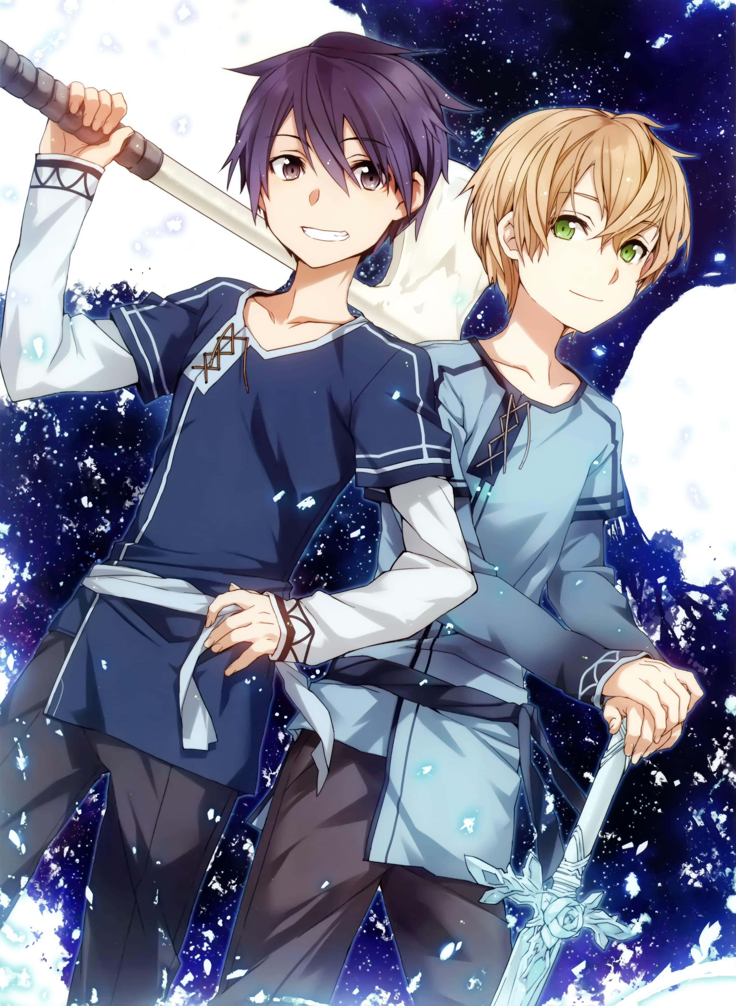 Sword Art Online Eugeo 桌布 壁紙 — 兩個穿著奇幻服裝的動漫男孩自信地站在宇宙星空背景下，手持劍。