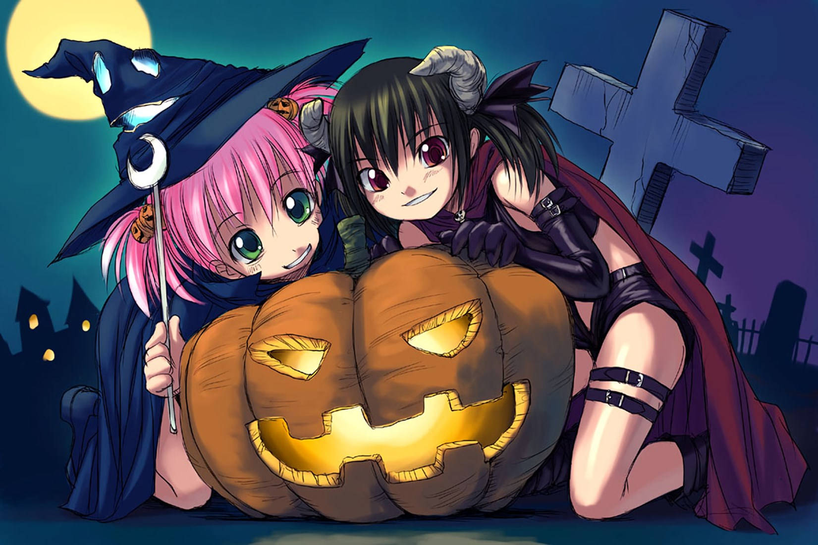Anime Halloween 桌布 壁紙 — 兩個穿著女巫服裝的動漫女孩在滿月下的墓地裡擁抱一個發光的南瓜燈。