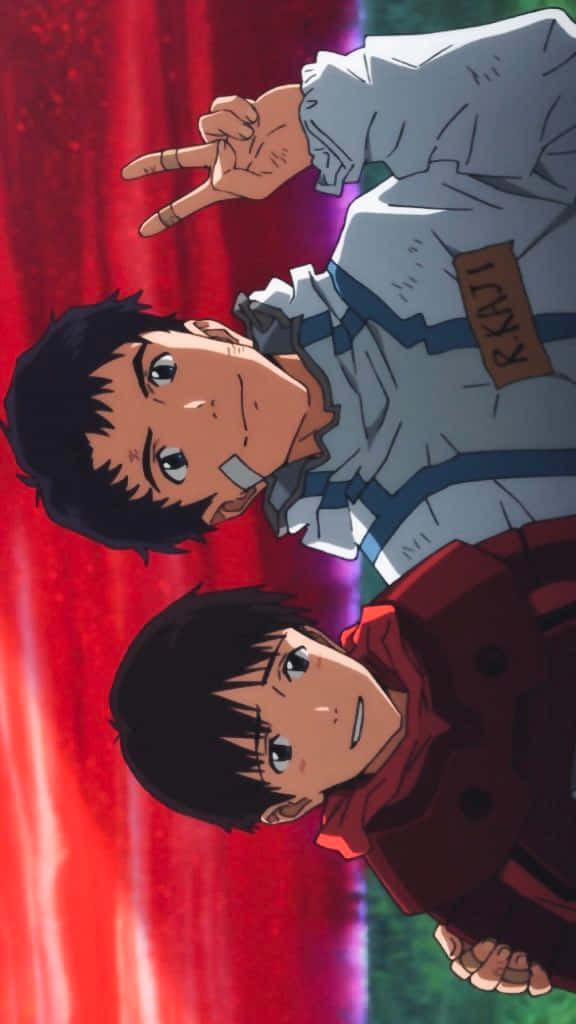 Shinji Ikari 桌布 壁紙 — 兩個穿著實驗室外套的動畫男孩在鮮豔的紅綠背景前愉快地擺姿勢。