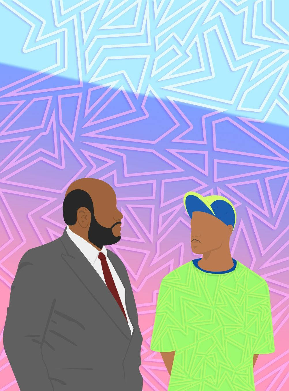 fresh prince 桌布 壁紙 — 兩個穿著對比服裝的男人在充滿活力的幾何背景前相對而立，背景帶有漸變藍色和粉紅色。