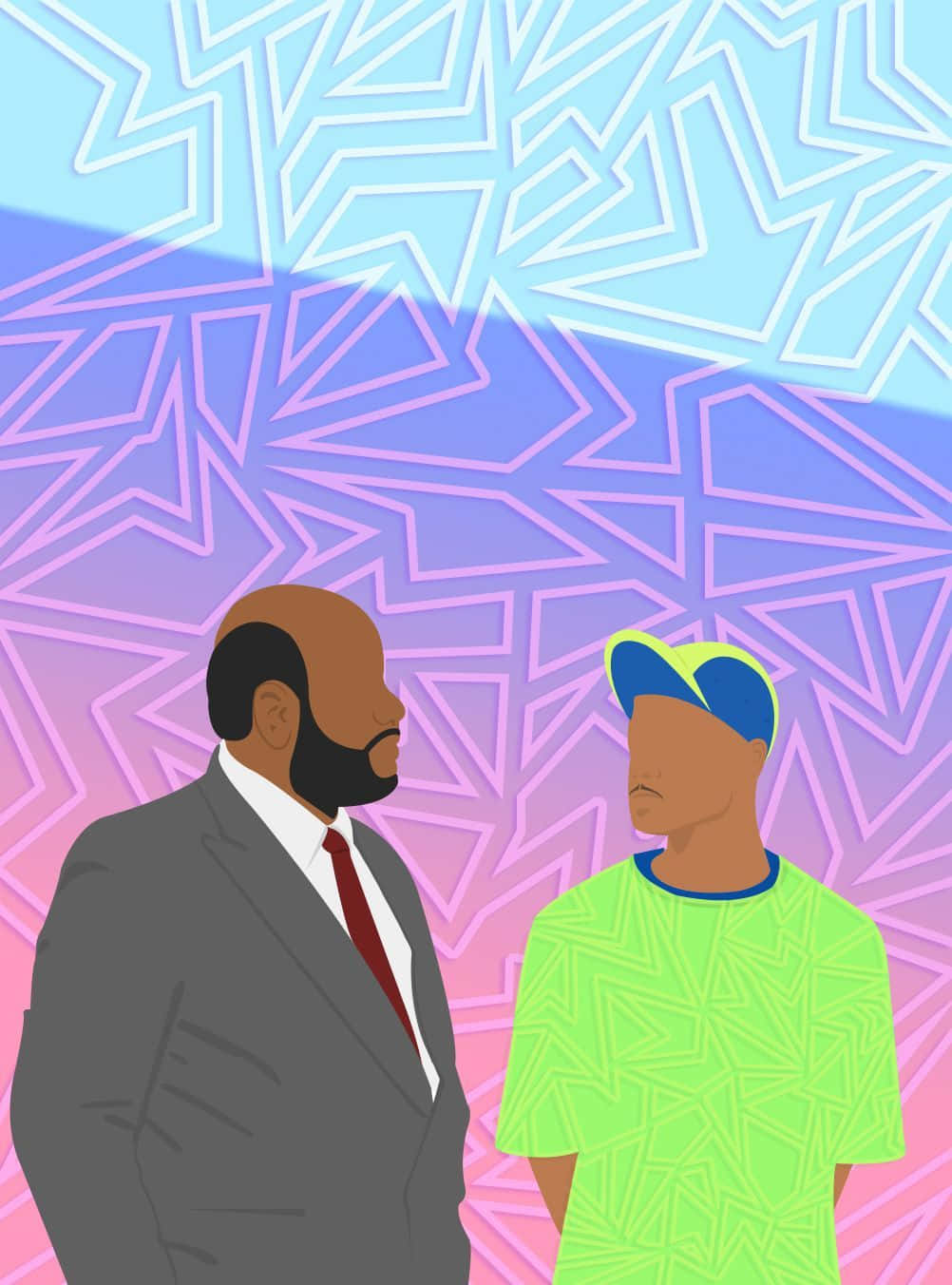 fresh prince 桌布 壁紙 — 兩個穿著對比服裝的男人面對面站立，背景是充滿活力的幾何圖案。