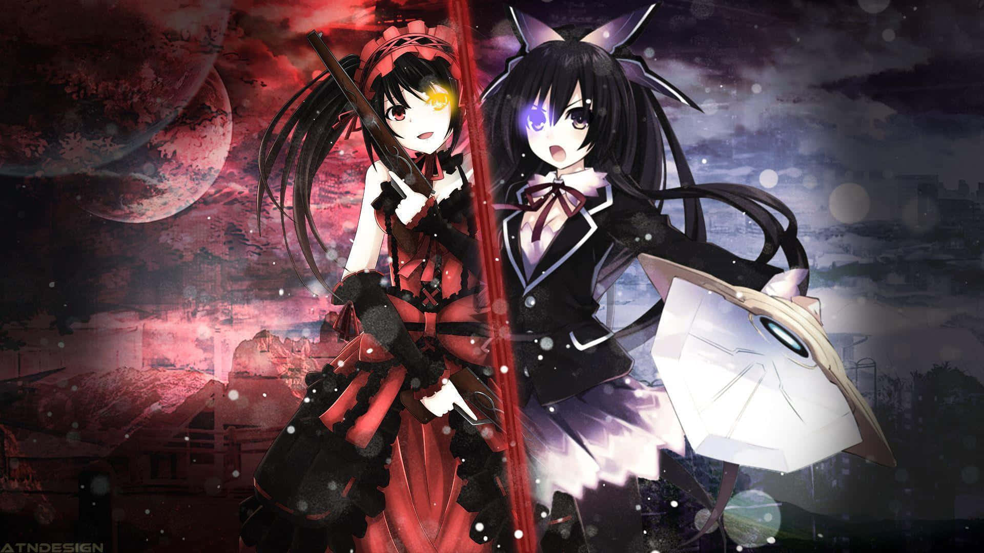 Date A Live 桌布 壁紙 — 兩個穿著對比鮮明紅色和黑色服裝的動漫女孩，站在黑暗、血紅色的月光天空下，周圍漂浮著球體。