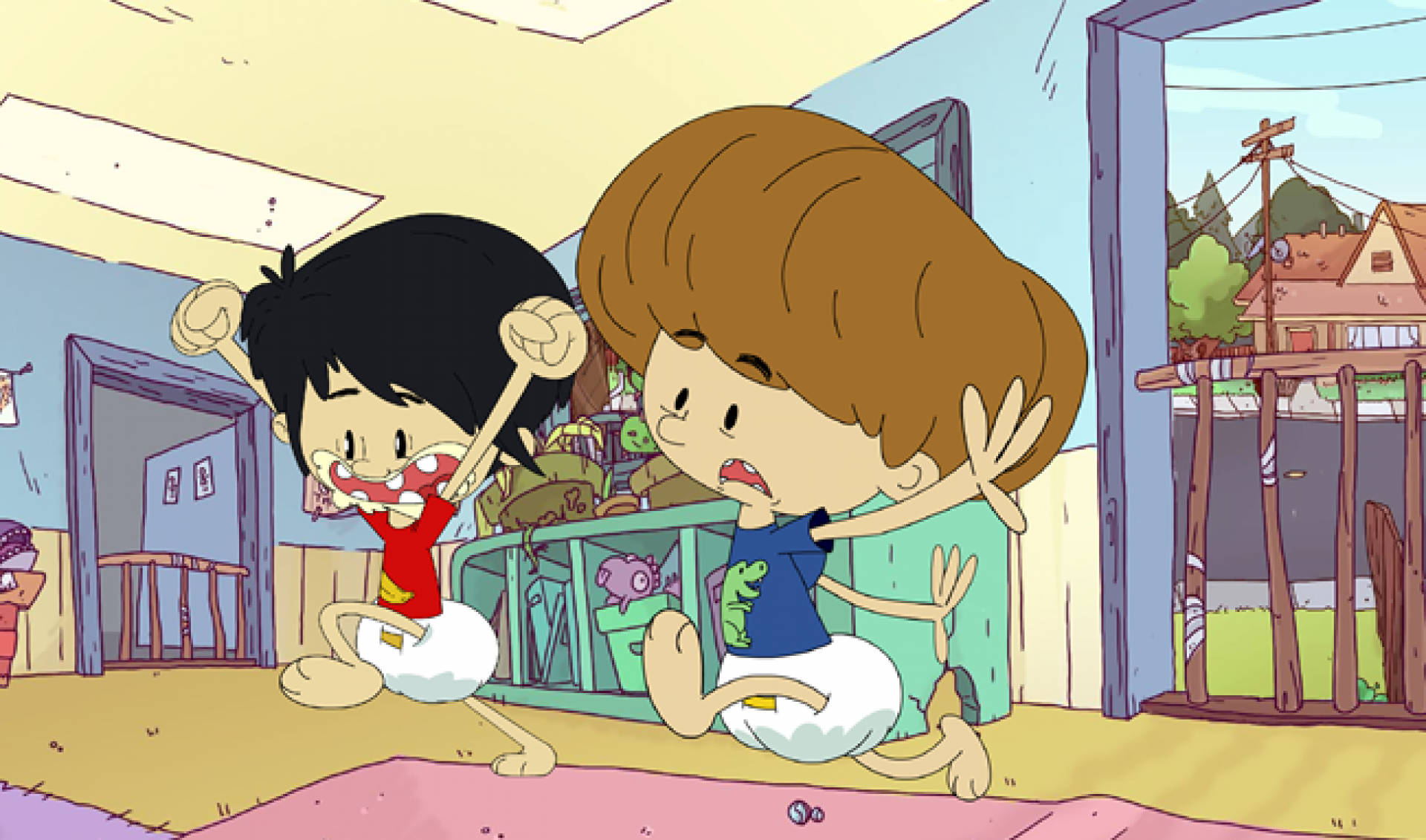 Cartoon 桌布 壁紙 — 兩個穿著尿布的卡通小孩，表情誇張，在凌亂的客廳裡嬉戲摔角。