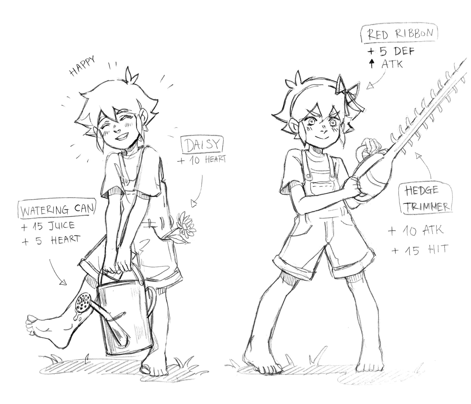 omori 桌布 壁紙 — 兩個穿著工裝褲的開心動漫風格角色，一個拿著澆水壺，另一個揮舞著綠籬修剪機，周圍標有遊戲般的數值。