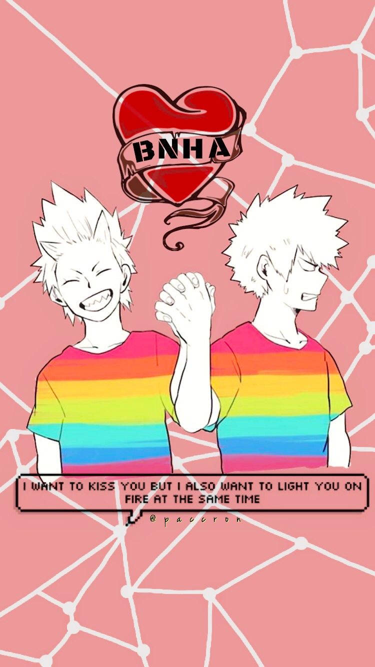 Mha 桌布 壁紙 — 兩個穿著彩虹襯衫的動漫男孩在粉紅色幾何背景上，在帶有BNHA文字的紅色心形下手牽手。