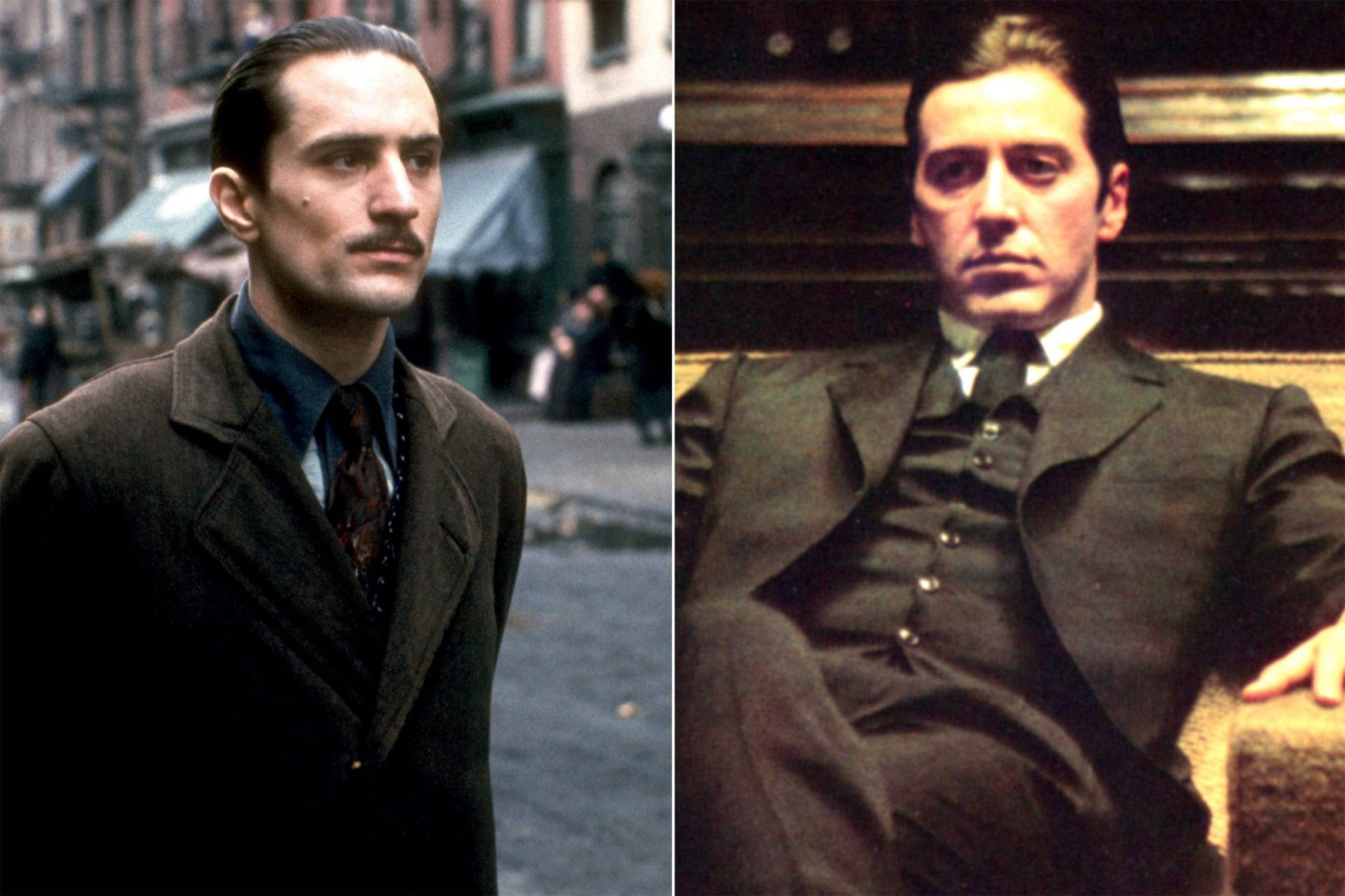Robert De Niro 桌布 壁紙 — 兩個穿著復古西裝的男人的分割畫面，一個站在城市街道上，另一個坐在光線昏暗的房間裡，兩人都表情嚴肅。