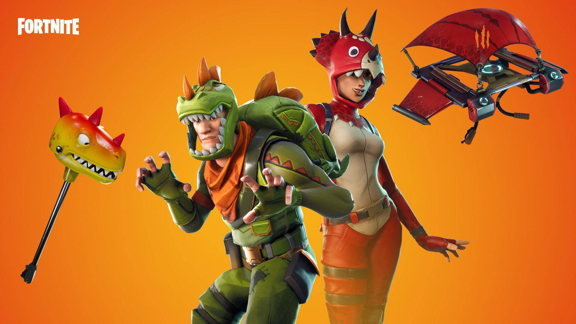 Fortnite 桌布 壁紙 — 兩個穿著恐龍主題裝備的《要塞英雄》角色在充滿活力的橙色背景前動態擺姿勢，周圍漂浮著遊戲物品。
