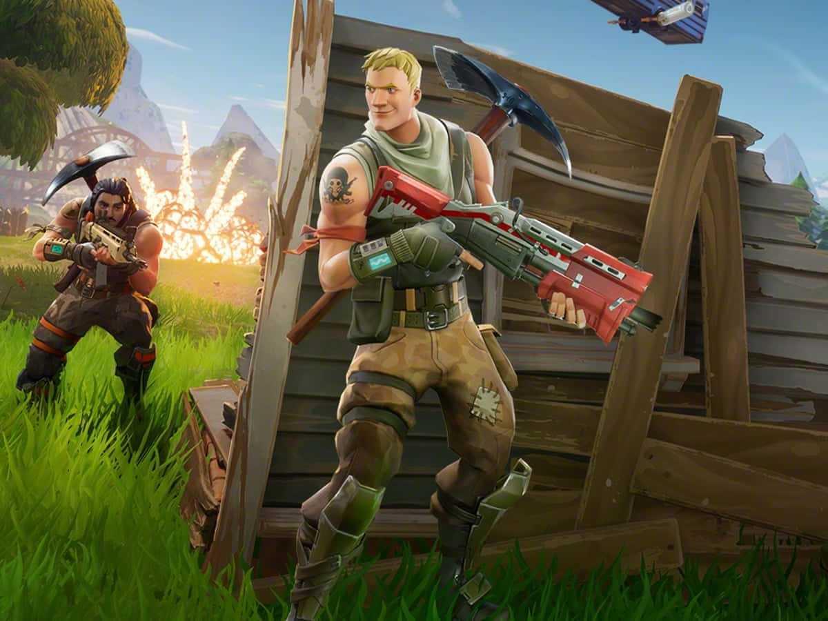 Action Game 桌布 壁紙 — 兩個穿著戰鬥裝備的Fortnite角色在木結構附近警覺地站著，頭頂有架飛行車輛。