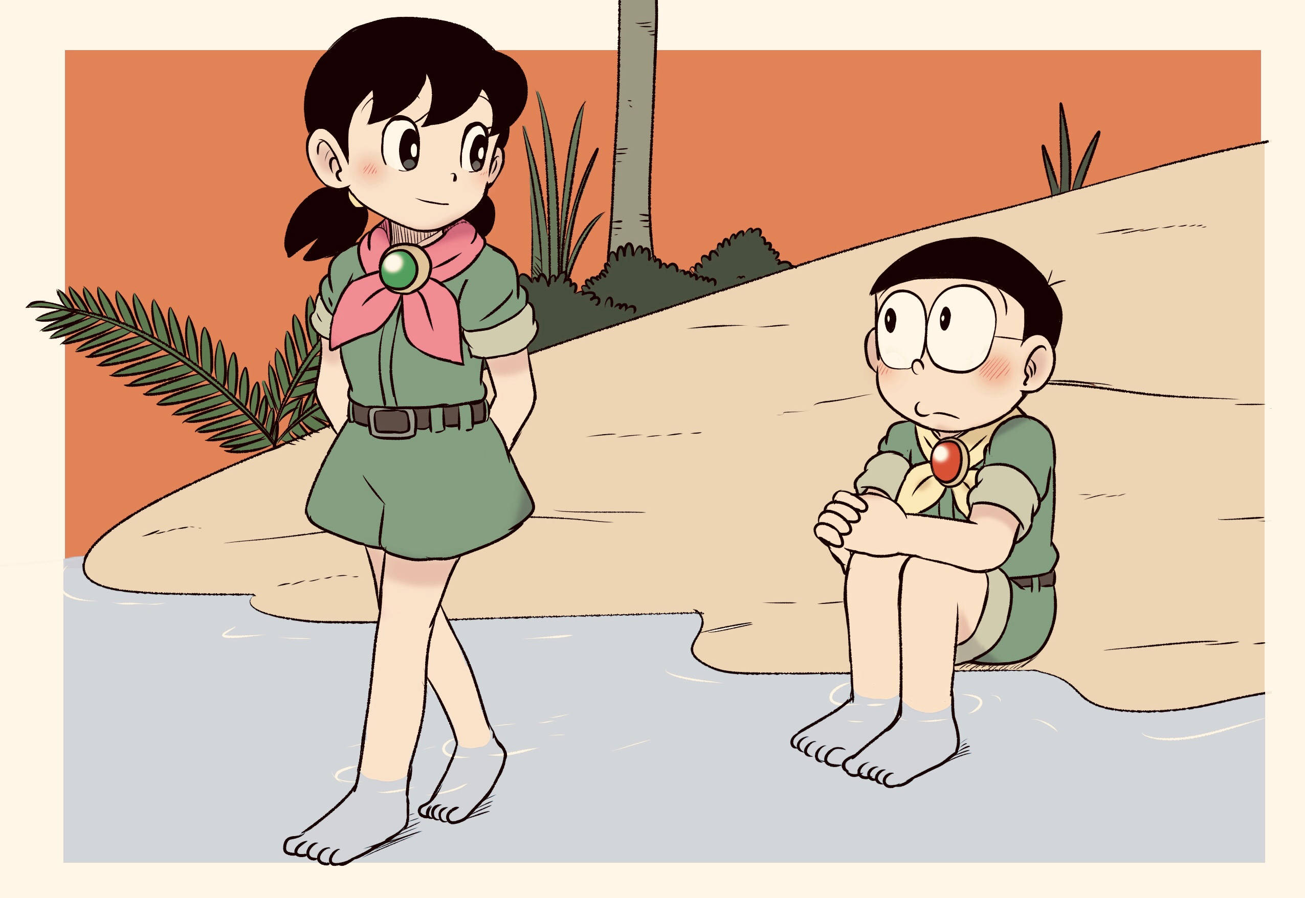 nobita shizuka love 桌布 壁紙 — 兩個穿著探險家服裝的動漫角色在淺水邊站立和坐著，附近有沙灘、棕櫚葉和一棵樹。