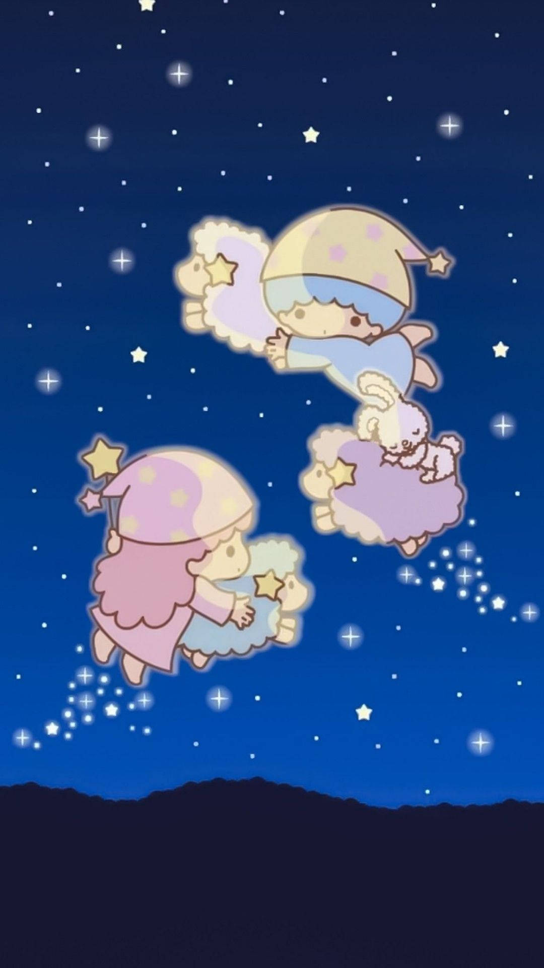 Twin 桌布 壁紙 — 兩個穿著星星睡衣的可愛角色漂浮在蓬鬆的雲朵上，背景是閃爍的夜空。