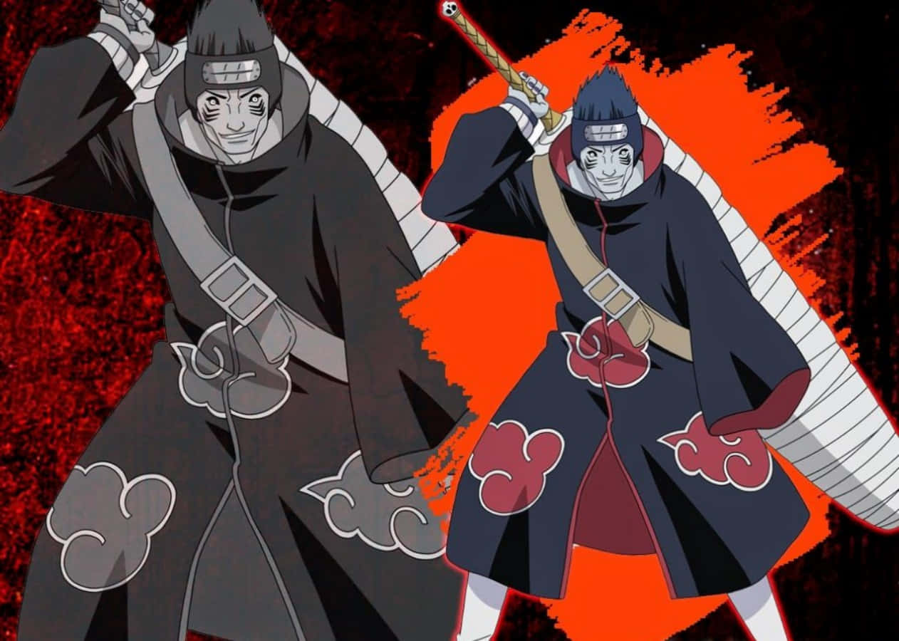 Kisame 桌布 壁紙 — 兩個穿著曉組織斗篷的動漫忍者，在火紅與黑色的背景前擺出挑釁姿態。