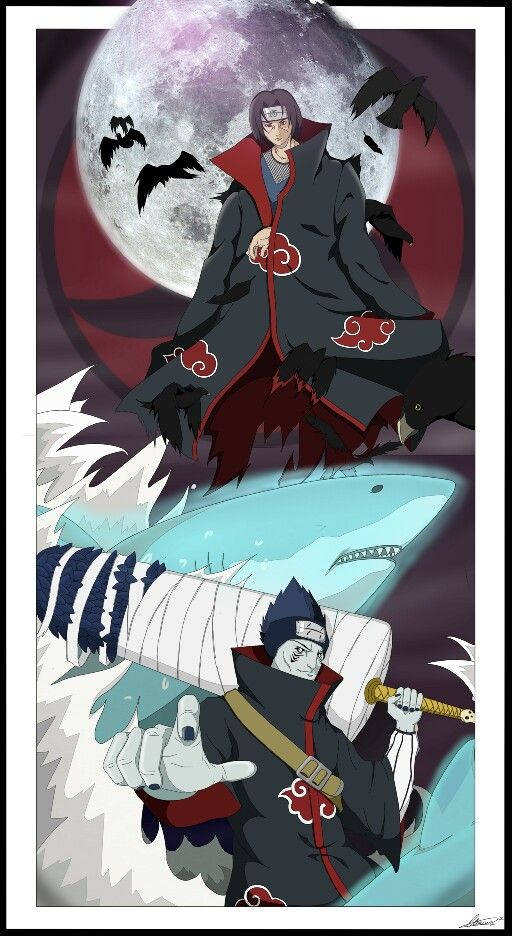 Itachi And Kisame 桌布 壁紙 — 兩個穿著曉組織斗篷的動漫忍者站在滿月前，蝙蝠飛舞，鯊魚從下方水中浮現。