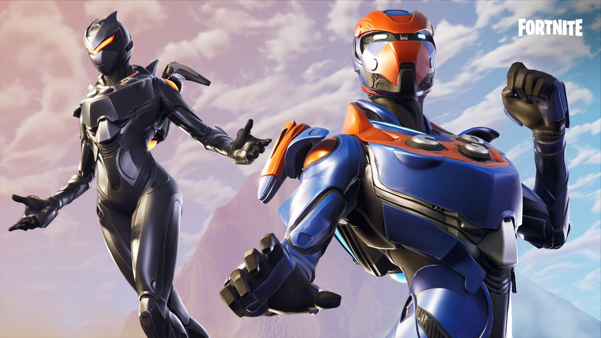 Fortnite 桌布 壁紙 — 兩個穿著未來盔甲的Fortnite角色在群山天空背景下動態擺姿勢。