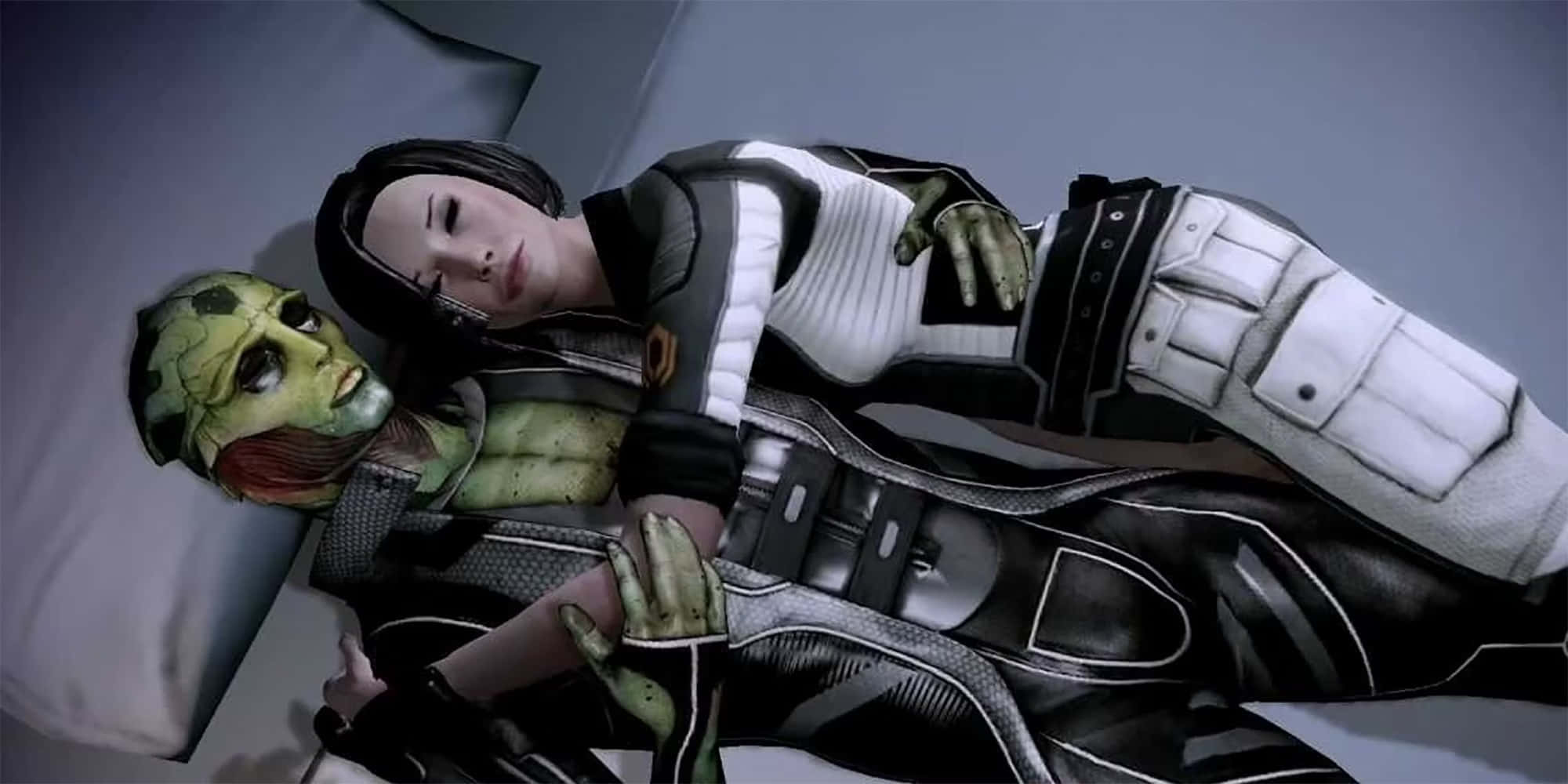 Thane Krios 桌布 壁紙 — 兩個穿著未來裝甲的外星角色在昏暗的房間裡一起躺在床上。