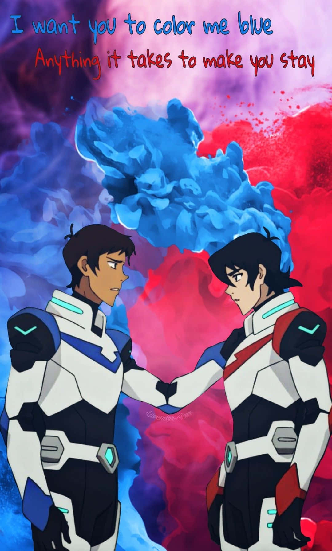 voltron 桌布 壁紙 — 兩個穿著未來風格服裝的動漫角色在旋轉的藍紅宇宙背景和歌詞中牽手。