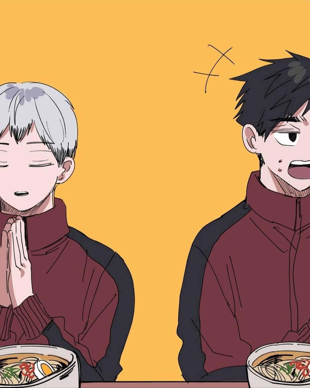 Inarizaki 桌布 壁紙 — 兩個穿著栗色外套的動漫男孩坐在一張有拉麵碗的桌子旁，一個雙手合十平靜，另一個震驚，頭上有汗和一個X。