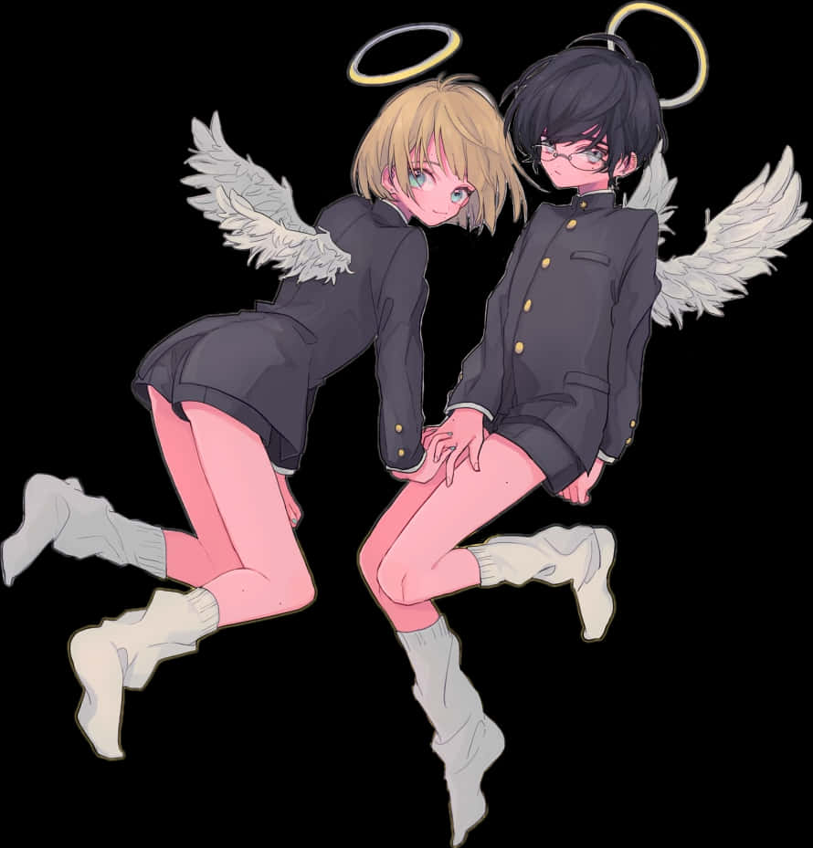 Angel Wing 桌布 壁紙 — 兩個穿著校服、有翅膀和光環的動漫天使在黑色背景前頑皮地擺姿勢。