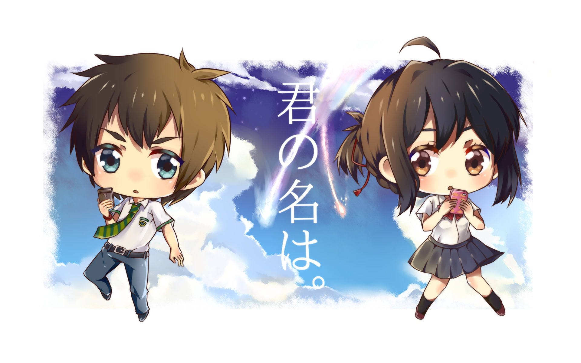 Q版動漫 桌布 壁紙 — 兩個穿著校服的chibi動漫學生在夢幻般的天空中漂浮，手持帶有日文字幕的手機。