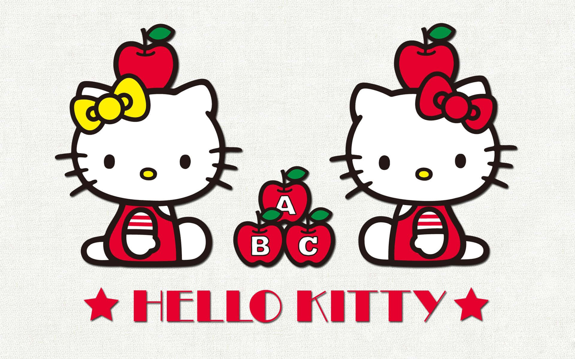 Hello Kitty 桌布 壁紙 — 兩個穿著校服的Hello Kitty角色，頭上有蘋果，它們之間有ABC蘋果，背景有紋理。