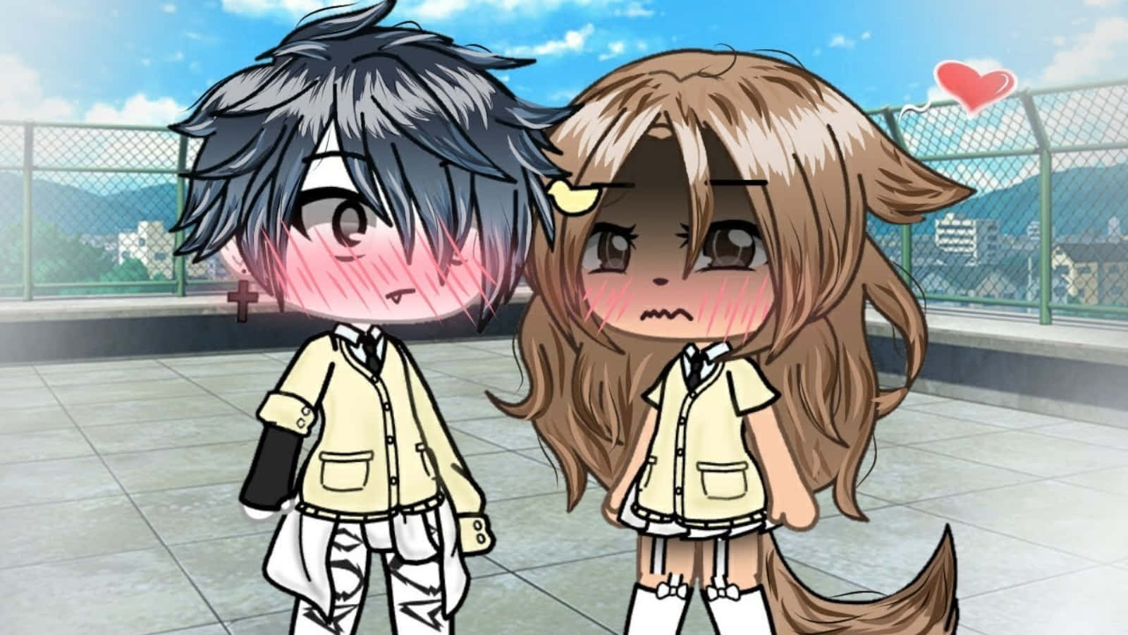 Gacha 桌布 壁紙 — 兩個穿著校服的Q版動漫角色在天臺上臉紅並尷尬地對望，上方漂浮著一顆心。