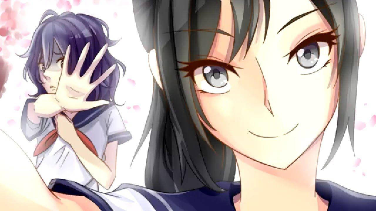 Yandere 桌布 壁紙 — 兩個穿著校服的動漫女孩，一個微笑特寫，另一個害羞地用手遮臉，背景是柔和的粉紅色櫻花。
