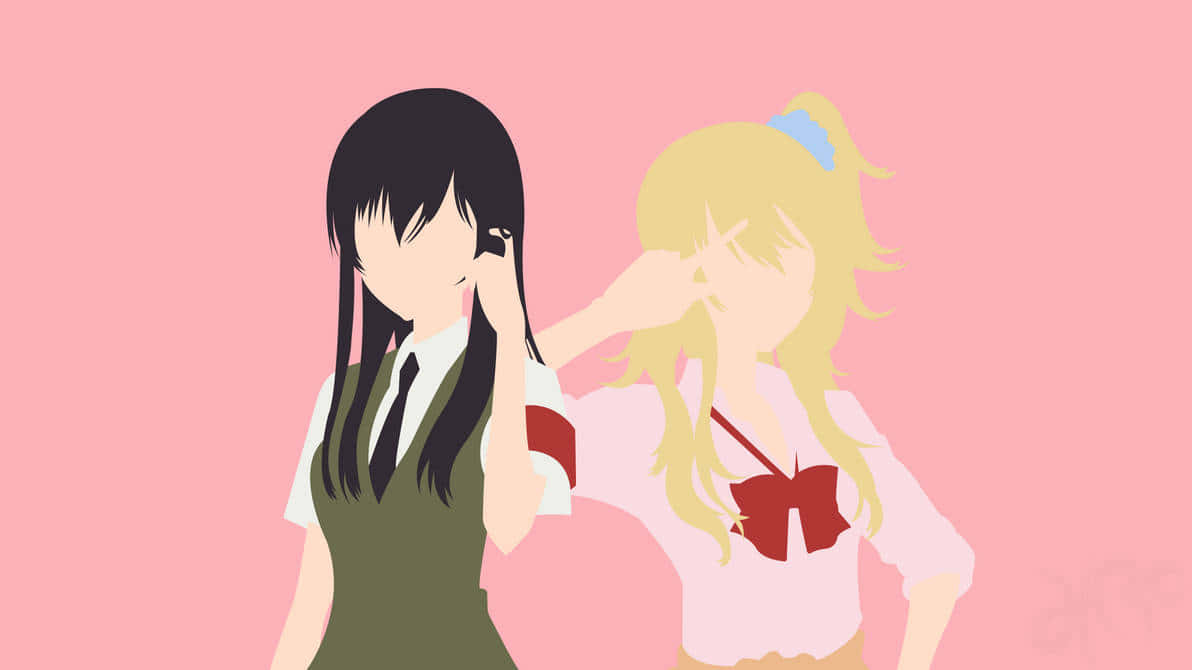動漫 桌布 壁紙 — 兩個穿著校服的動漫女孩，一個黑髮一個金髮，都在柔和的粉紅色背景前遮住眼睛。