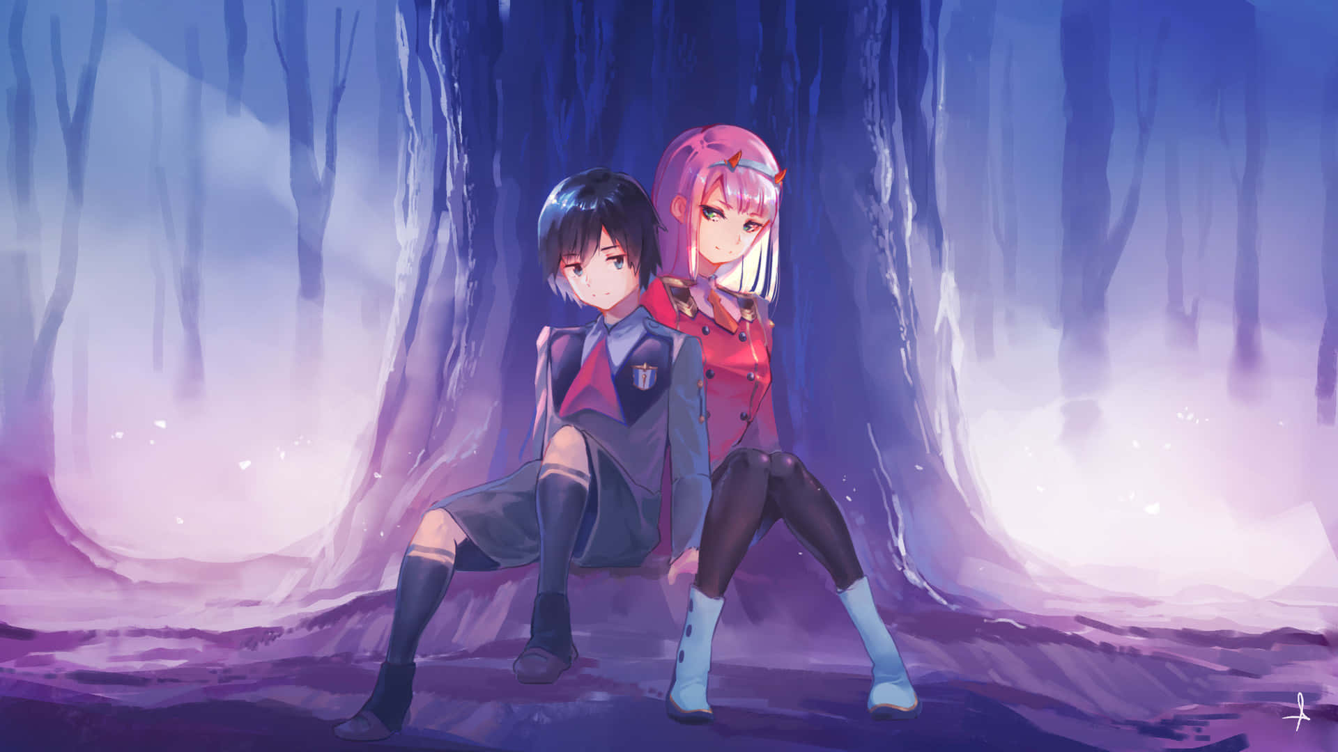 DARLING in the FRANXX 桌布 壁紙 — 兩個穿著校服的動漫女孩一起坐在一個神秘的紫色森林中，散發出柔和的光芒。