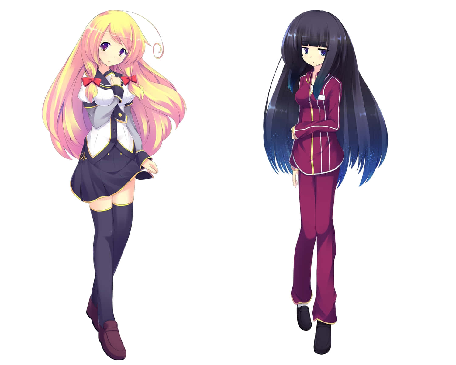 動漫女孩 桌布 壁紙 — 兩個穿著校服的動漫女孩並排站著，一個粉紅色頭髮，另一個黑色頭髮，背景是純白色。