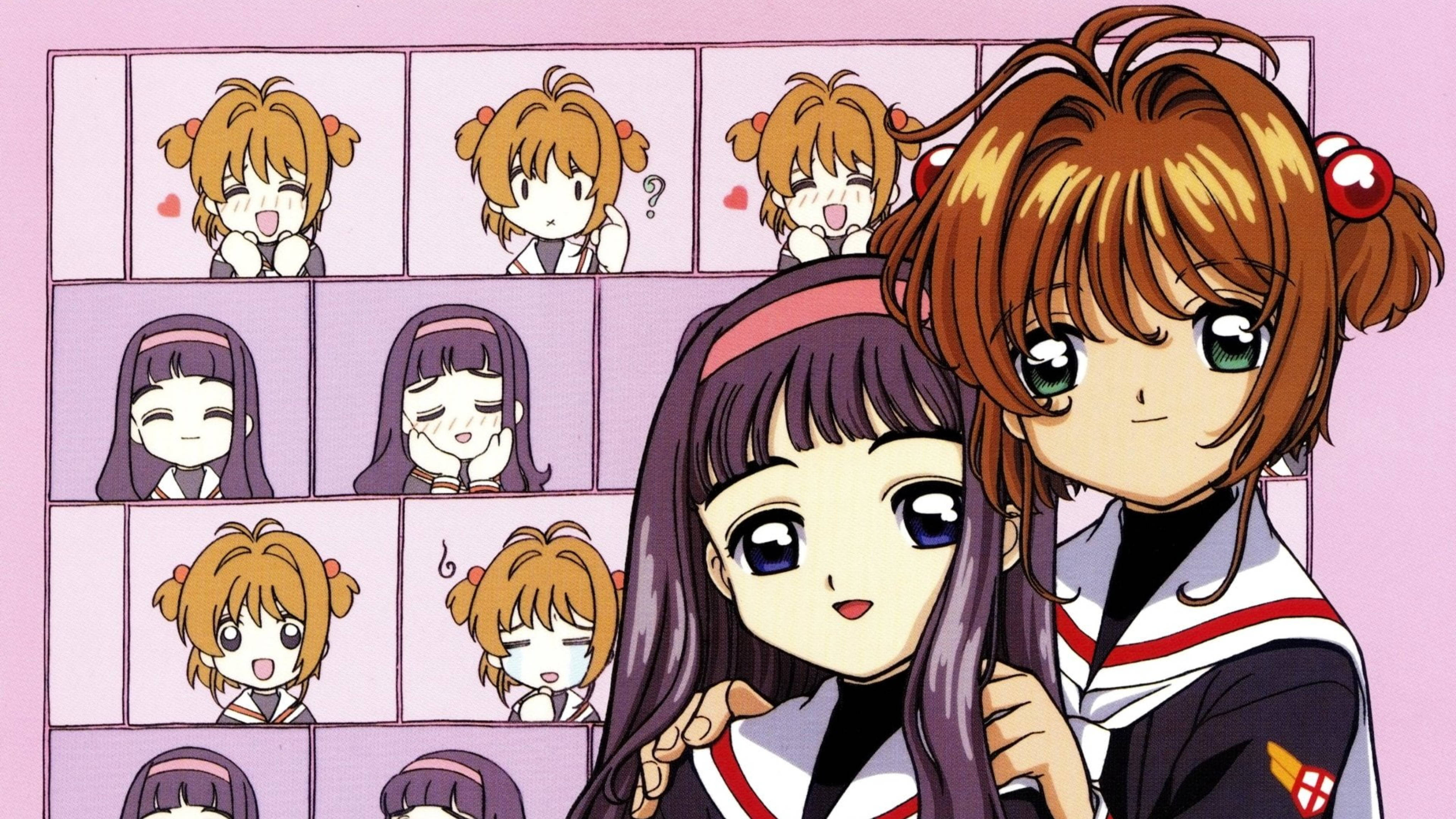 Cardcaptor 桌布 壁紙 — 兩個穿著校服的動漫女孩在一個由她們自己表情豐富的Q版肖像組成的網格前溫暖地擁抱。