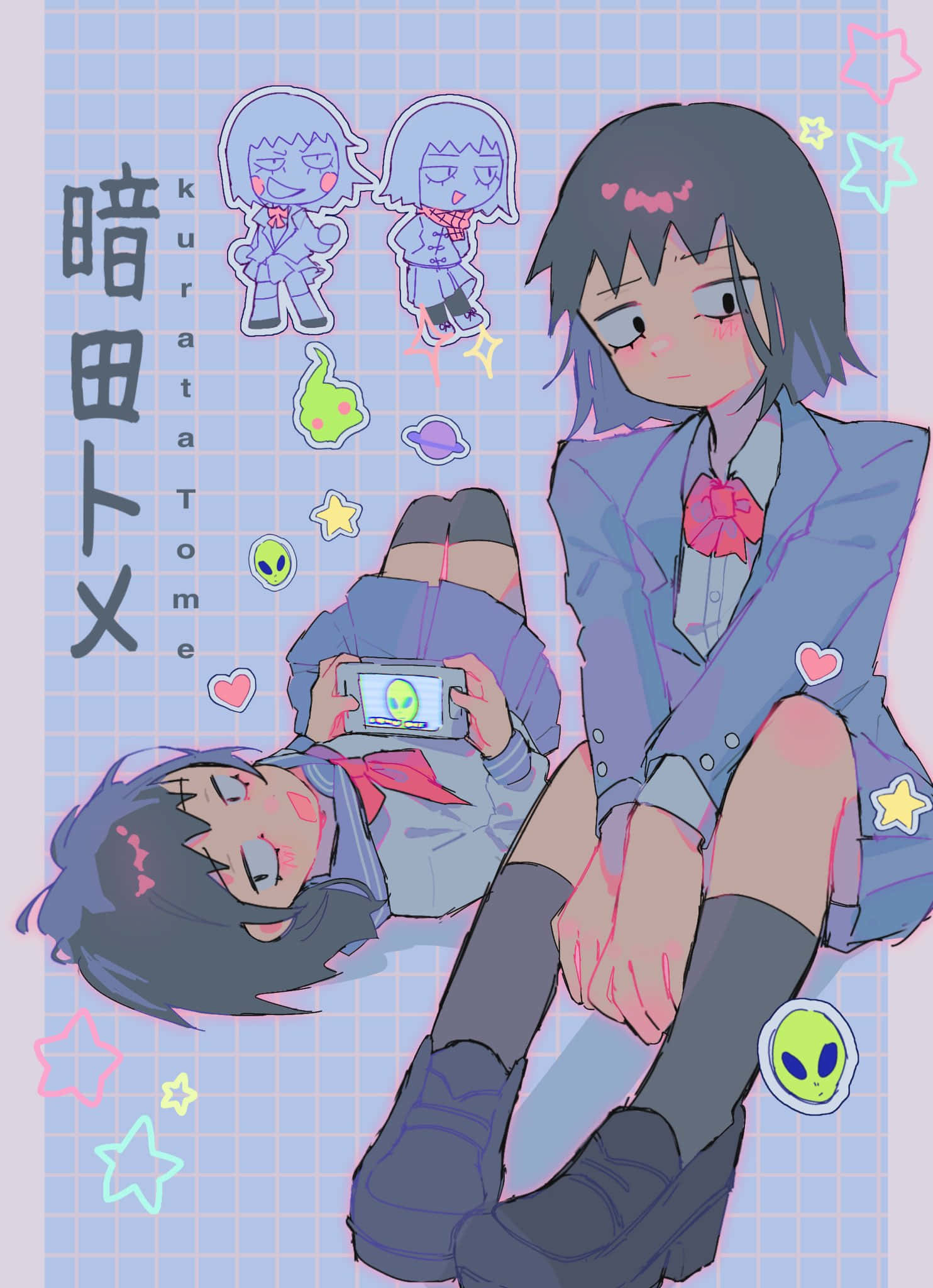 Tome Kurata 桌布 壁紙 — 兩個穿著校服的動漫女孩在一個網格背景上放鬆，周圍有外星人貼紙和星星。