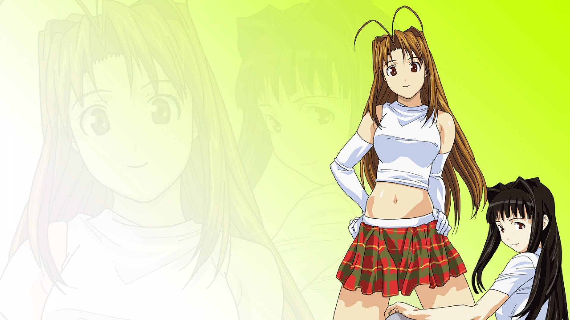 Hina 桌布 壁紙 — 兩個穿著校服的動漫女孩在明亮的萊姆綠色背景前擺姿勢，帶有褪色的面部疊加。