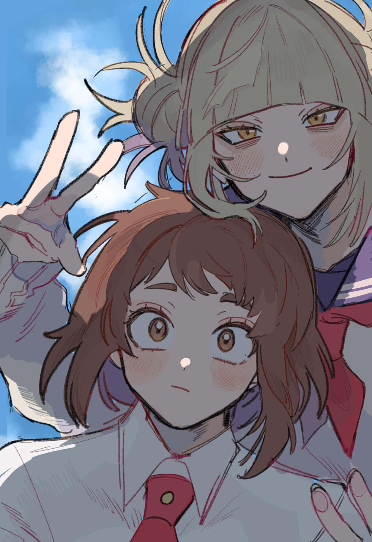 Toga 桌布 壁紙 — 兩個穿著校服的動漫女孩在晴朗藍天和蓬鬆雲朵下開心擺姿勢。