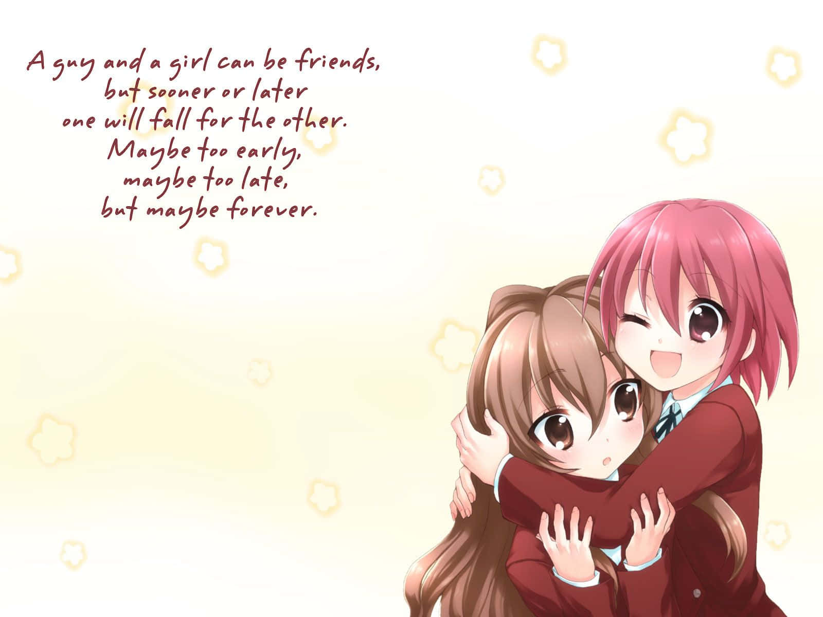 Bestie 桌布 壁紙 — 兩個穿著校服的動漫女孩在柔和發光背景前溫暖擁抱，背景有漂浮花朵形狀和浪漫文字。